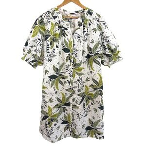 Boden 100% Linen Dress Botanical Bird Print US 16/18 XL Green White Boho Coastal